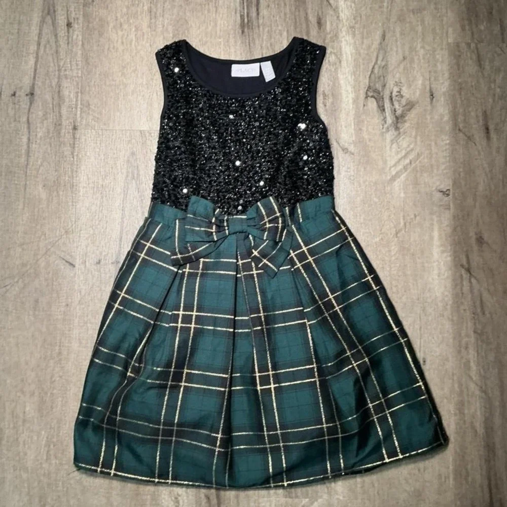 The Children's Place Girls Dress Plaid Sequin Bow Size 7/8 Holiday Party